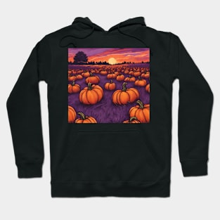 Halloween Pumpkin Patch at Dawn in Cartoon Style Hoodie